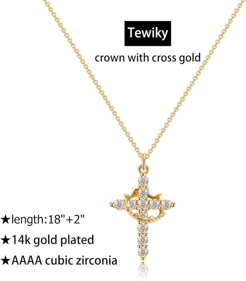 Tewiky Diamond Cross Necklace for women-Dainty 14k Gold Cubic Zirconia Pendant Necklaces Simple Gold Cross Pendant Necklace Cute Tiny Gold Jewelry - Image 4