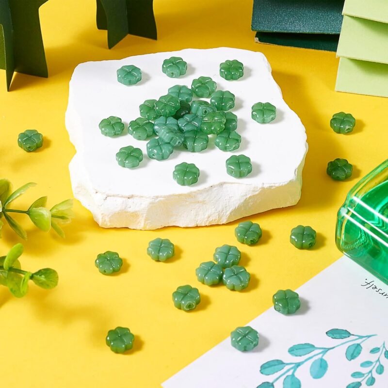 Beadthoven 50pcs Green Shamrock Clover Imitation Jade Glass Beads St. Patrick’s Day Four Leaf Clover Loose Spacers Charm Beads for DIY Bracelet Necklace Earring Lucky Jewelry Making Supplies Decor - Image 3