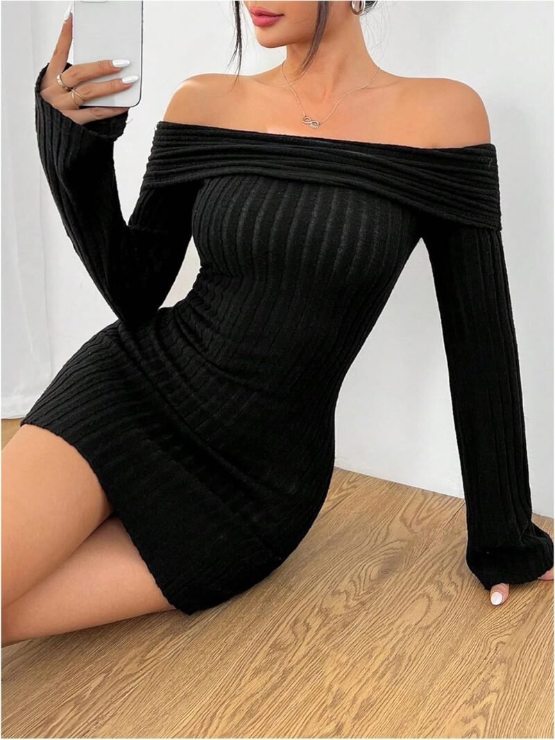 MakeMeChic Women's Off The Shoulder Bell Sleeve Sweater Dress Rib Knit Ruched Bodycon Mini Dresses - Image 5