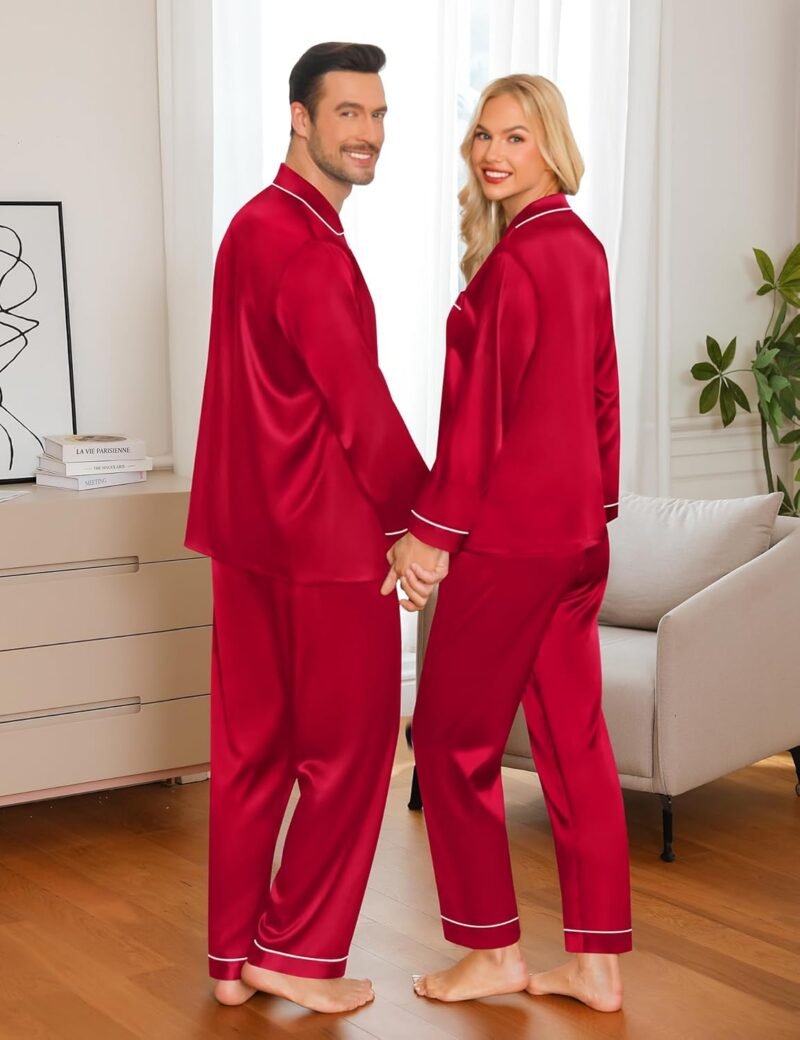 SWOMOG Couple Matching Pajamas Set Silk Satin Button Down Sleepwear Long Sleeve Nightwear 2 Pcs Pj Set - Image 4
