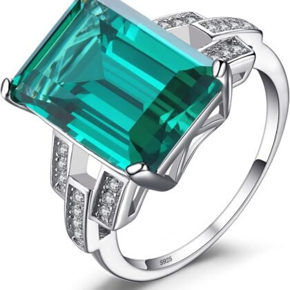 JewelryPalace Emerald Cut 6ct Simulated Emerald Solitaire Cocktail Rings for Women, Green Gemstone 925 Sterling Silver 14k Gold Plated Ring, Gemstone Ring for Girls Jewelry Set