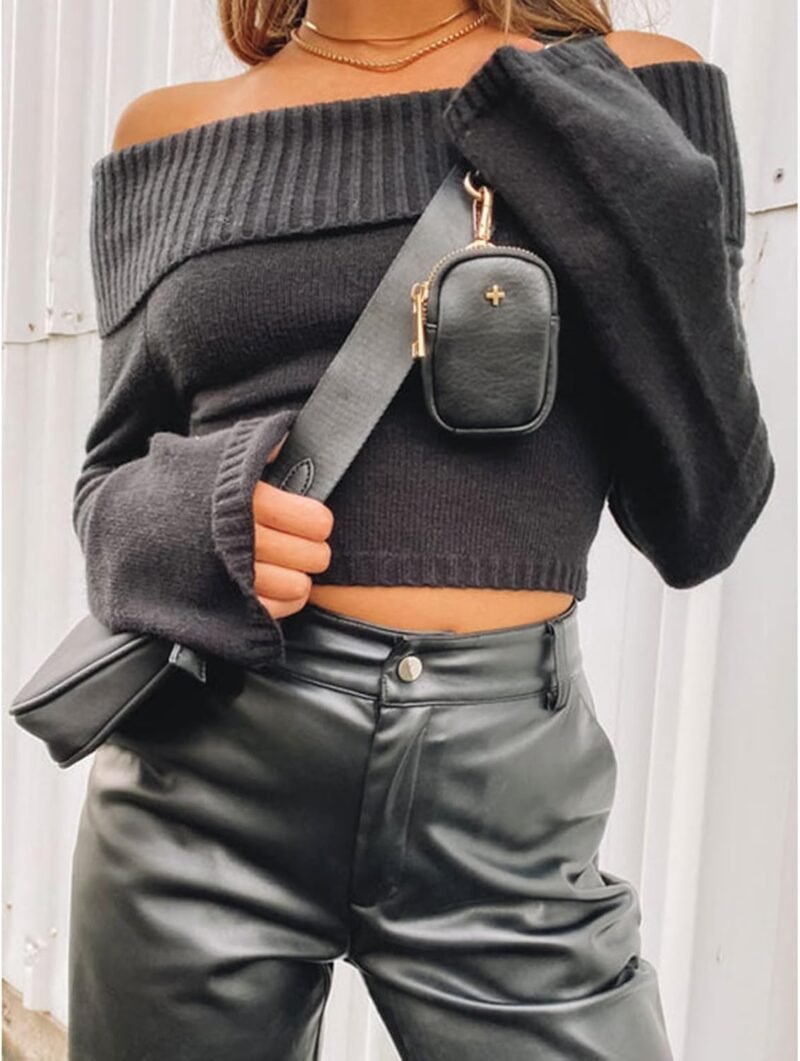 Women Casual Solid Sweater Top Long Sleeve Off Shoulder Ribbed Knit Cropped Shirt Fairy Grunge Fall Y2K Streetwear - Image 5