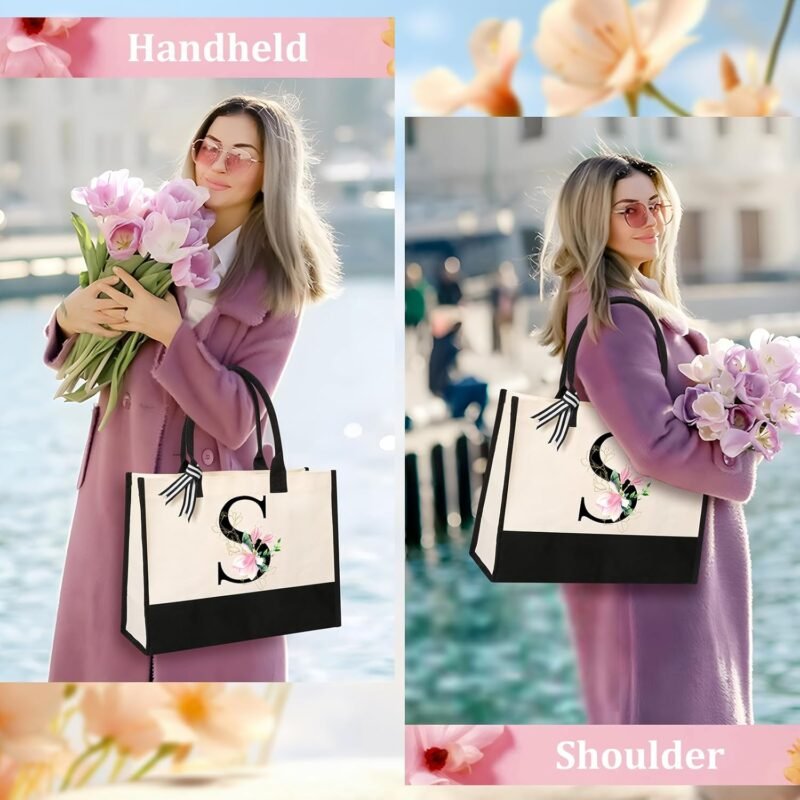 AYGE Personalized Initial Canvas Beach Bag Cosmetic Bags, Monogrammed Gifts for Women, Tote Bag, Makeup Bag, Birthday Gifts for Sister Mom Teacher Bridesmaid (S) - Image 3