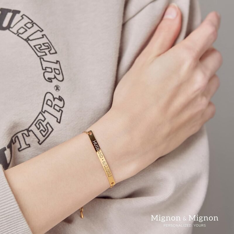 Custom Name Bracelet Coordinate Engraved Bracelet for Women Valentines Gifts for Mother Day id bracelet women Gold BarJewelry for Teen Girls -12BR - Image 6