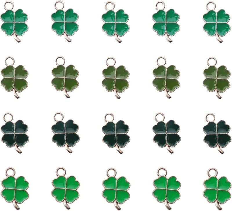 20 Pcs Four Leaf Clover Charms for St. Patrick’s Day Vintage Cute Small Enamel Pendants for Jewelry Making Kits Necklace Bracelet DIY Keychain Earring Accessories Supplies
