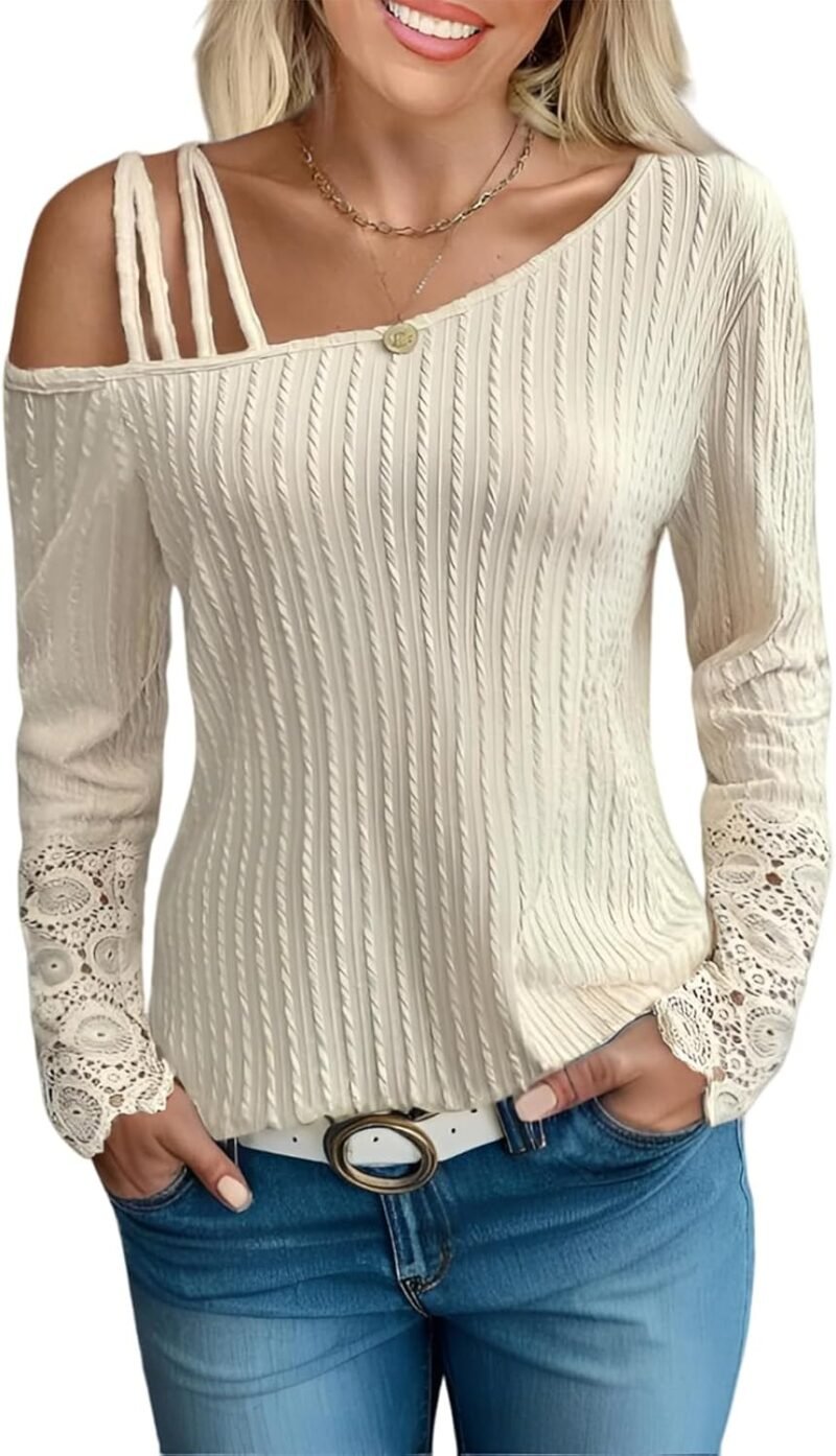 FAIRY SEASON Women's Cold Shoulder Long Sleeve Shirts Lace Sleeves Casual Tunic Tops Cute Blouse Sexy Knit Sweaters Clothes