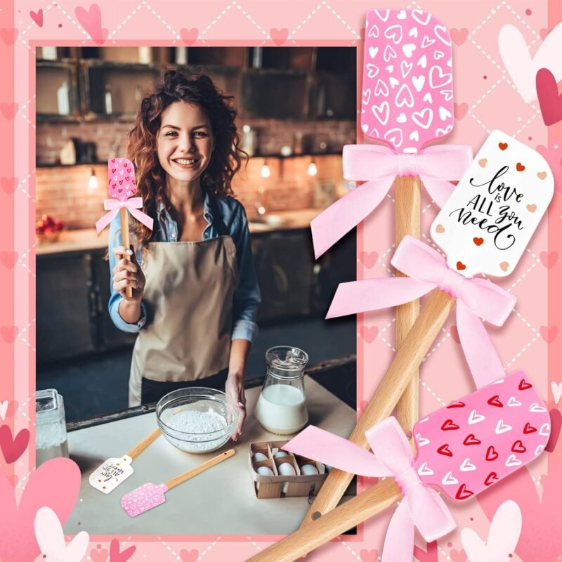 3 Pcs Valentine's Day Silicone Spatulas with Wooden Handles Valentine Pattern Heat Resistant Baking Silicone Spatulas with Pink Satin Ribbon Bows for Baking, Cooking and Sauteing - Image 6