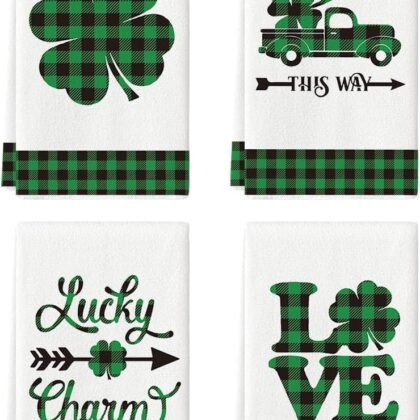 Artoid Mode Buffalo Plaid Lucky Clover Shamrock Truck Kitchen Dish Towels, 18 x 26 Inch Seasonal St. Patrick's Day Quotes Ultra Absorbent Drying Cloth Tea Towels for Cooking Baking Set of 4