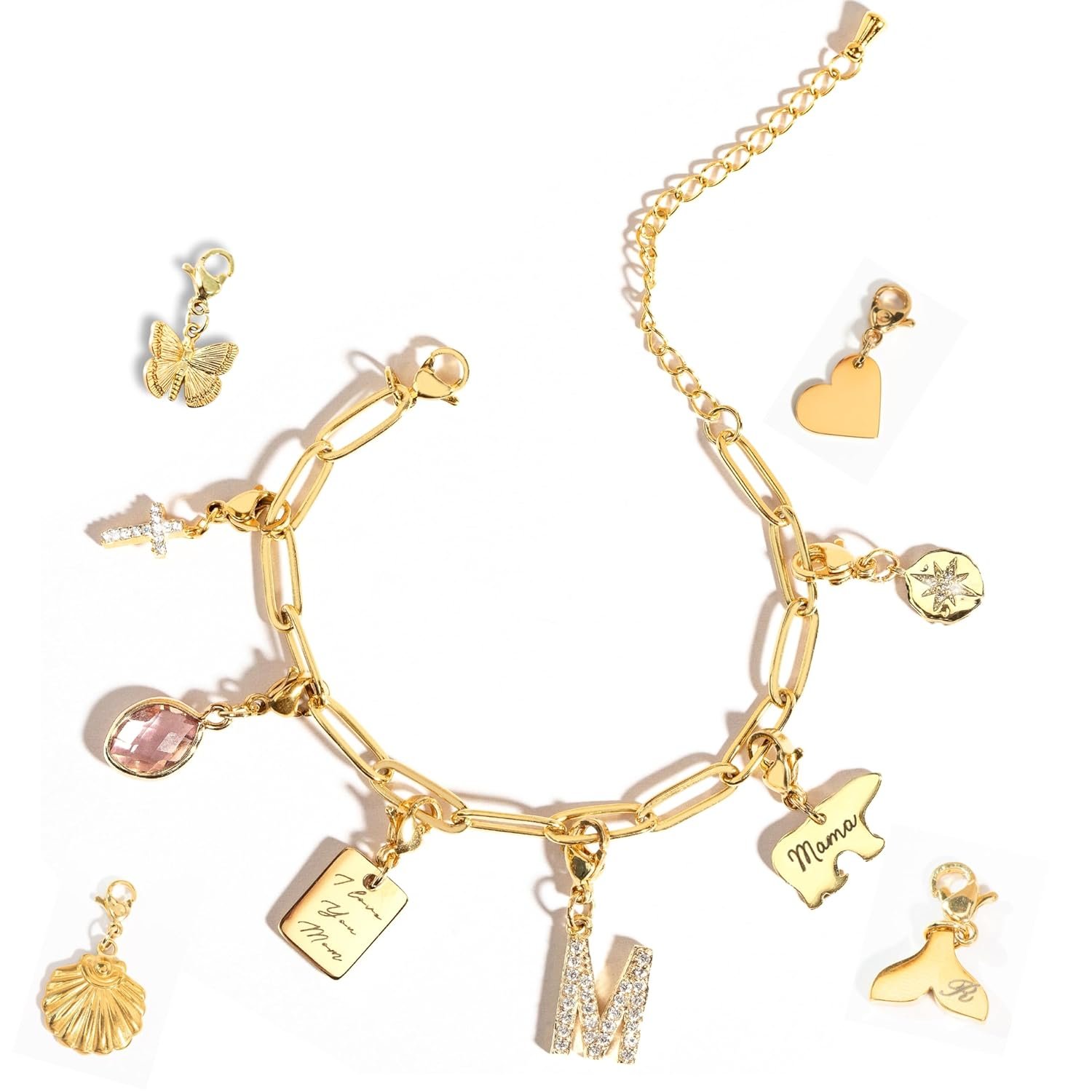 Gold Charm Bracelet for Women, Valentines Gifts for Mom with Personalized Engraved Charms Personalized Gift for Grandma, Unique Birthdays Teen Girls - P-CHARM-MIX-BR