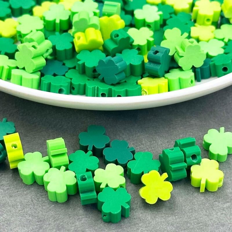100Pcs St. Patrick's Day Shamrocks Handmade Polymer Clay Beads, Luck Clover Prints Polymer Clay Spacer Beads for Women Jewelry Making DIY Charms Bracelet Necklace Hair Clip Accessories Handmade Craft - Image 3