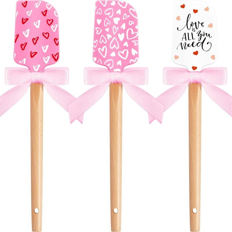 3 Pcs Valentine's Day Silicone Spatulas with Wooden Handles Valentine Pattern Heat Resistant Baking Silicone Spatulas with Pink Satin Ribbon Bows for Baking, Cooking and Sauteing