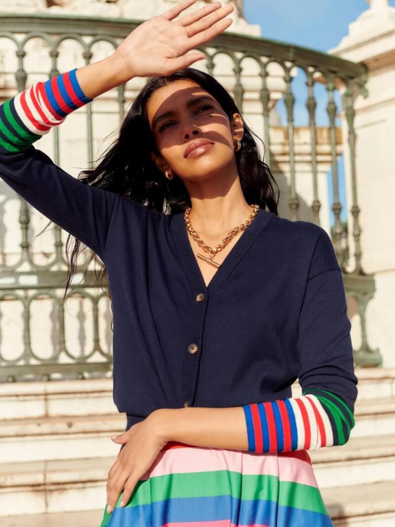 FAIRY SEASON Women's V Neck Button Down Cardigan Sweaters Long Sleeve Color Block Striped Open Front Casual Knit Soft Outwear - Image 3