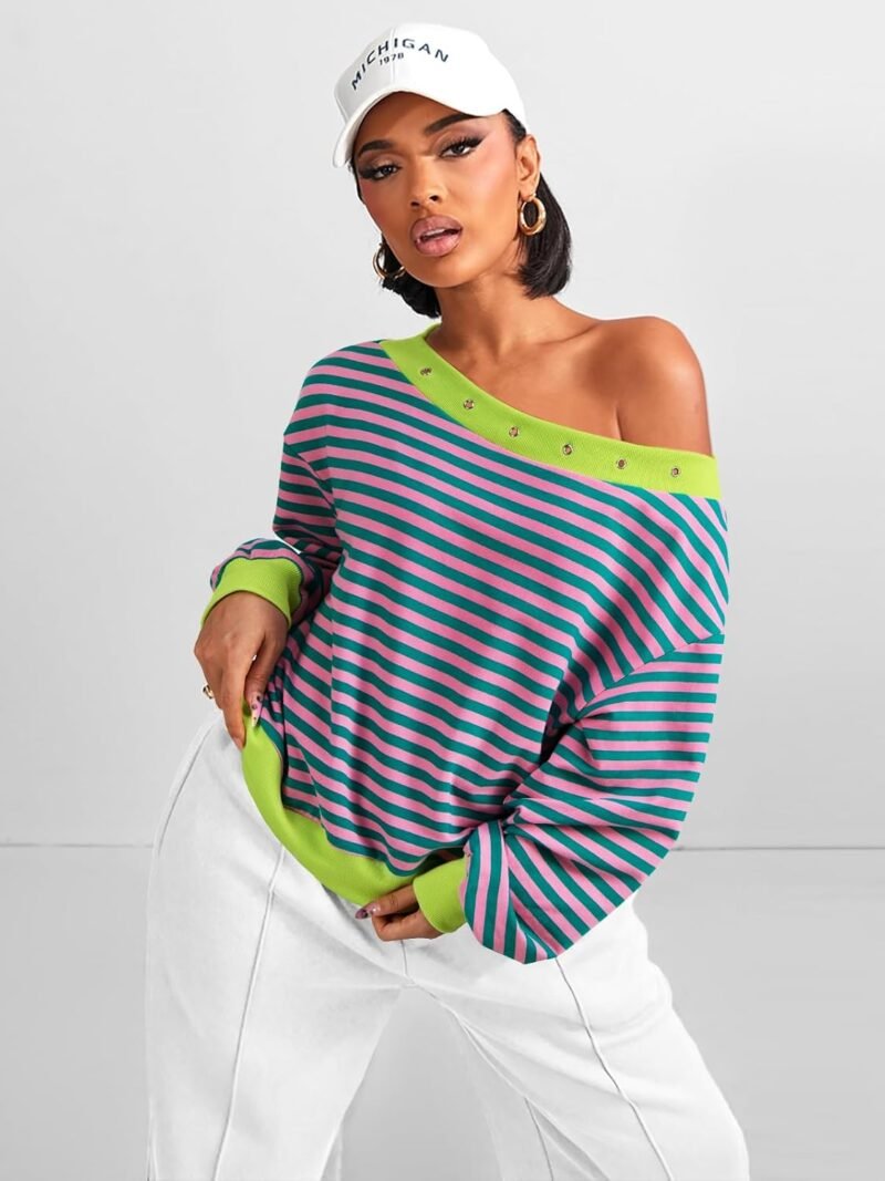 FAIRY SEASON Women's Off The Shoulder Sweatshirts Y2k Color Block Striped Long Sleeve Shirt Cropped Crewneck Pullover Tops - Image 5