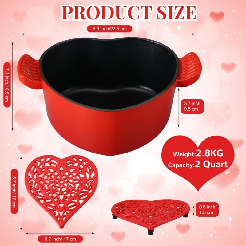 Hushee 2 Pcs Heart Cast Iron Dutch Oven for Bread Baking, 2 Quart Red Heart Shaped Enameled Dutch Oven Pot with Lid and Trivet, Dual Handles Cast Dutch Oven for Marinate Cook Refrigerate - Image 4