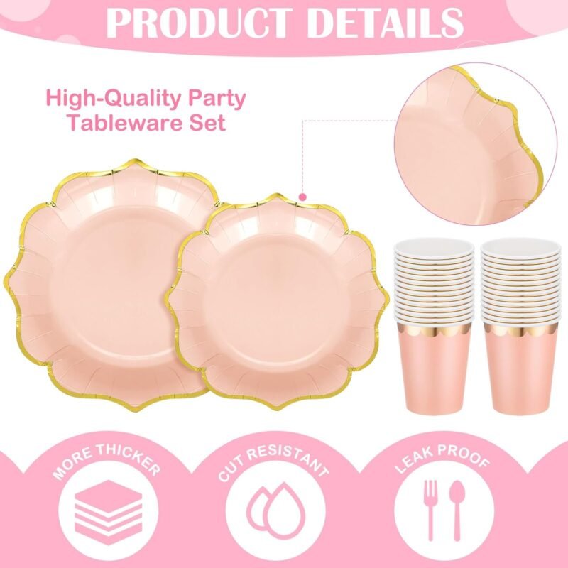 Yaomiao 168 Pcs Disposable Dinnerware Set Party Supplies, Scalloped Paper Plates Cups Napkin with Gold Foil Plastic Forks Knives Spoons Serve 24 Guests for Birthday Baby Shower (Multicolor,Irregular) - Image 3