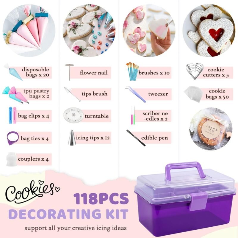 Cookie Decorating Kit 118pcs with Storage Case, Royal Sugar Piping Bags and Tips Icing Supplies Set, Turntable Scribe Decoration Tools for Kids & Cookie Holiday Christmas Valentine - Image 2