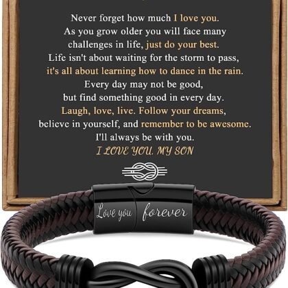 Gift for Men Infinity Bracelet for Men Dad Husband Boyfriend Son Grandson Brother Nephew Uncle Brown Braided Leather Forever Linked Together Stainless Steel Engraved with Love You Forever Jewelry 7.5|8.5|9 Inches