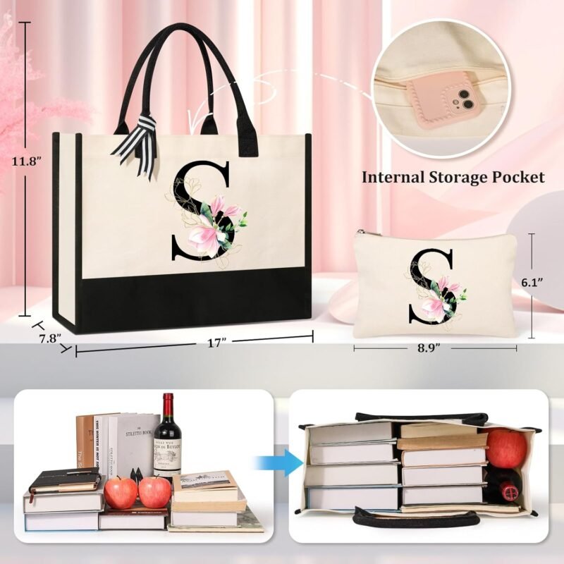 AYGE Personalized Initial Canvas Beach Bag Cosmetic Bags, Monogrammed Gifts for Women, Tote Bag, Makeup Bag, Birthday Gifts for Sister Mom Teacher Bridesmaid (S) - Image 2