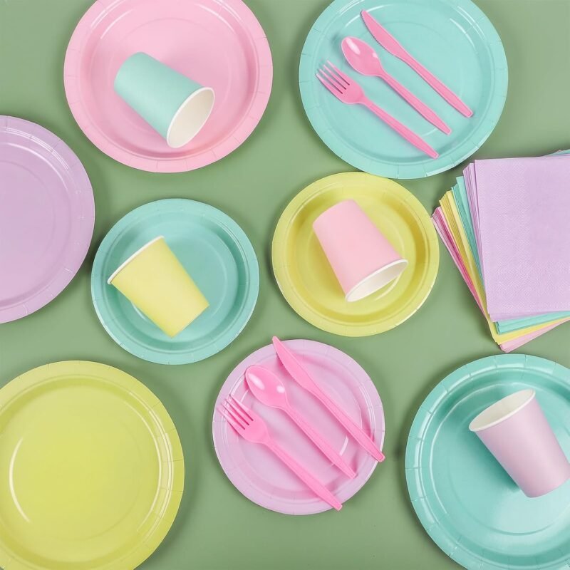 durony 192 Pcs Pastel Party Supplies Paper Plates Cups Napkins Macaron Color Pink Cutlery Plastic Forks Knives Spoons Disposable Tableware for Birthday Baby Shower Wedding Decorations Serve 24 Guests - Image 3