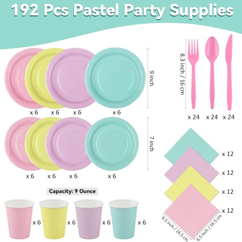 durony 192 Pcs Pastel Party Supplies Paper Plates Cups Napkins Macaron Color Pink Cutlery Plastic Forks Knives Spoons Disposable Tableware for Birthday Baby Shower Wedding Decorations Serve 24 Guests - Image 2