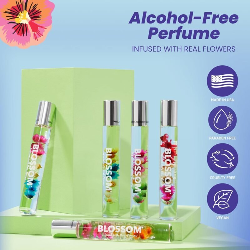 Blossom Roll on Perfume for Women Alcohol Free Rollerball Perfume Oil with Essential Oils, Infused with Real Flowers, Made in USA, 0.3oz, 3 pack Mini Gift Set, Hibiscus/Honey Jasmine/Rose - Image 2