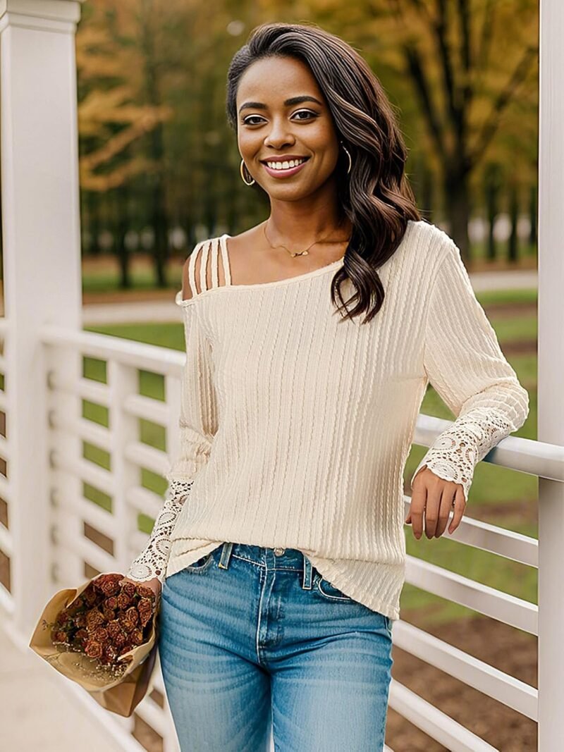 FAIRY SEASON Women's Cold Shoulder Long Sleeve Shirts Lace Sleeves Casual Tunic Tops Cute Blouse Sexy Knit Sweaters Clothes - Image 4