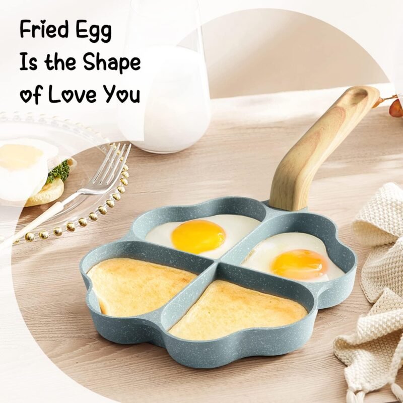 Caannasweis Egg Pan Omelette Pan, 4-Cup Nonstick Granite Omelette Skillet Breakfast Frying Pan Egg Cooker Suitable for Gas Stove & Induction Cookware, PFOA PFOS Free, Green Heart Shaped - Image 2