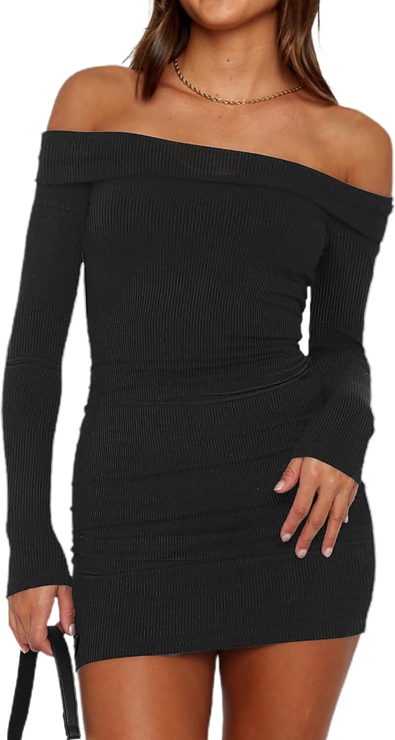 HYPERFIRE Women's Sexy Elegant Off The Shoulder Ribbed Long Sleeve Dress Party Mini Dresses