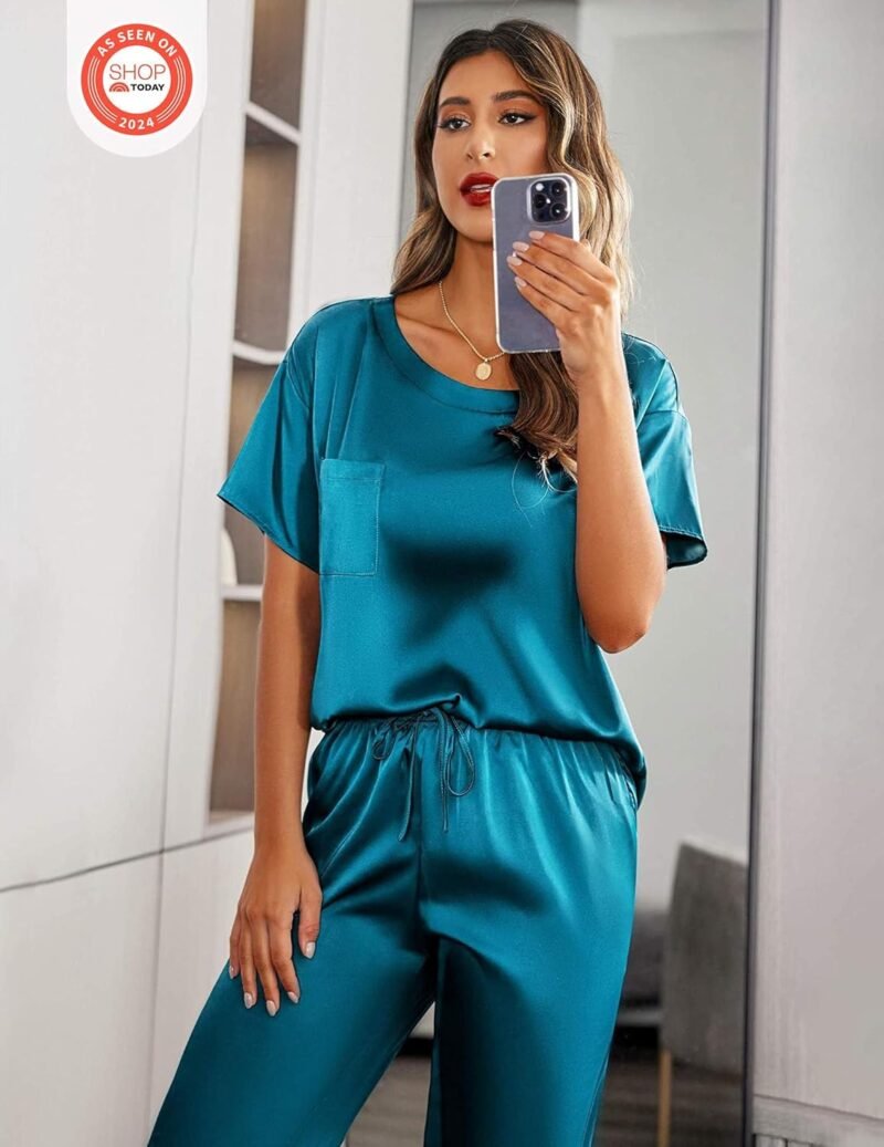 Ekouaer Womens Satin Silky Pajama Set Short Sleeve Shirt with Long Pajama Pant Set Soft PJ Loungewear - Image 2