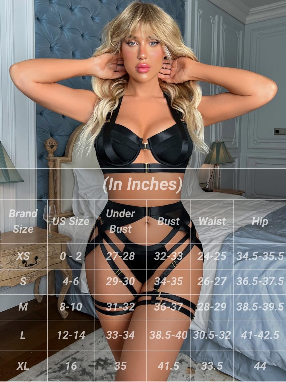 Kaei&Shi Strappy Harness, All Adjustable, Underwire Racerback, 4pc Garter Set - Image 6