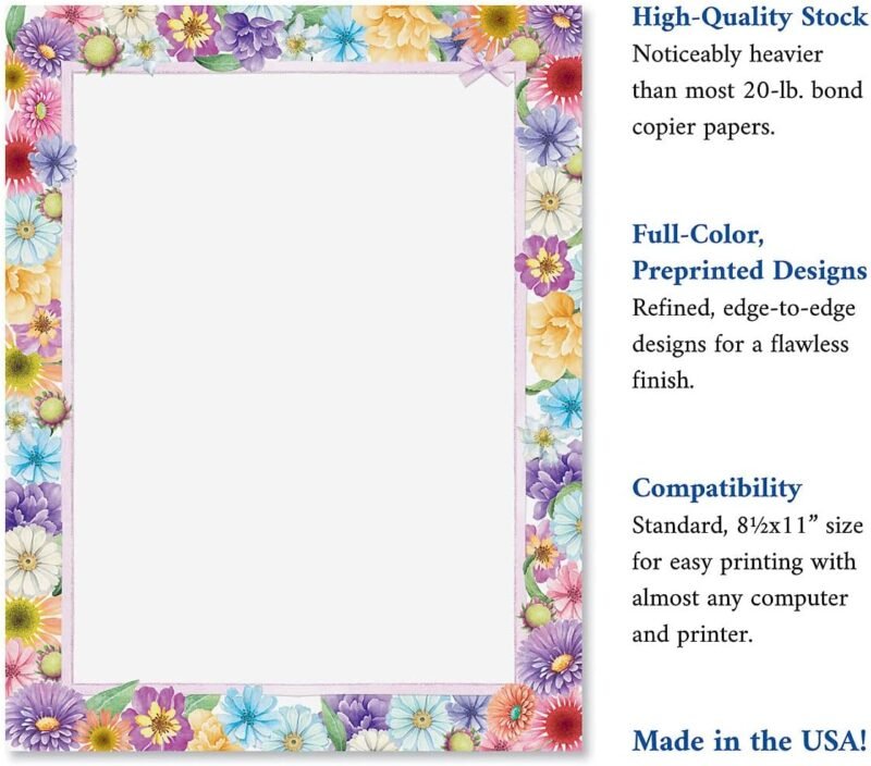 Current Spring Floral Letter Paper - Spring Stationery Papers With Decorative Spring Flowers Border, Printable Holiday, Wedding & Bridal Shower, & Invitation Sheets, Set of 25, 8 1/2" x 11" - Image 3
