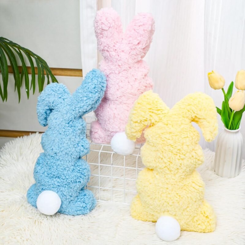 3 Pcs Easter Buuny Throw Pillows, 11.8 Inch Soft Rabbit Shaped Pillow Cushion Plush Happy Easter Decorative Pillow for Couch Bed (Pink, Yellow, Blue) - Image 5