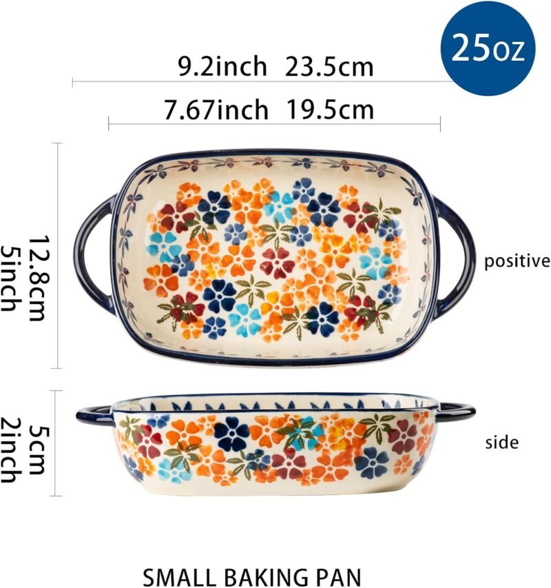 Retro pastoral style Ceramic Baking Dish Rectangular Bakeware Set Baking Pan, 2-piece Hand-painted Porcelain Baking pan with handle, Casserole Dish for Oven/Cooking/Kitchen (Colorful Flower) - Image 3