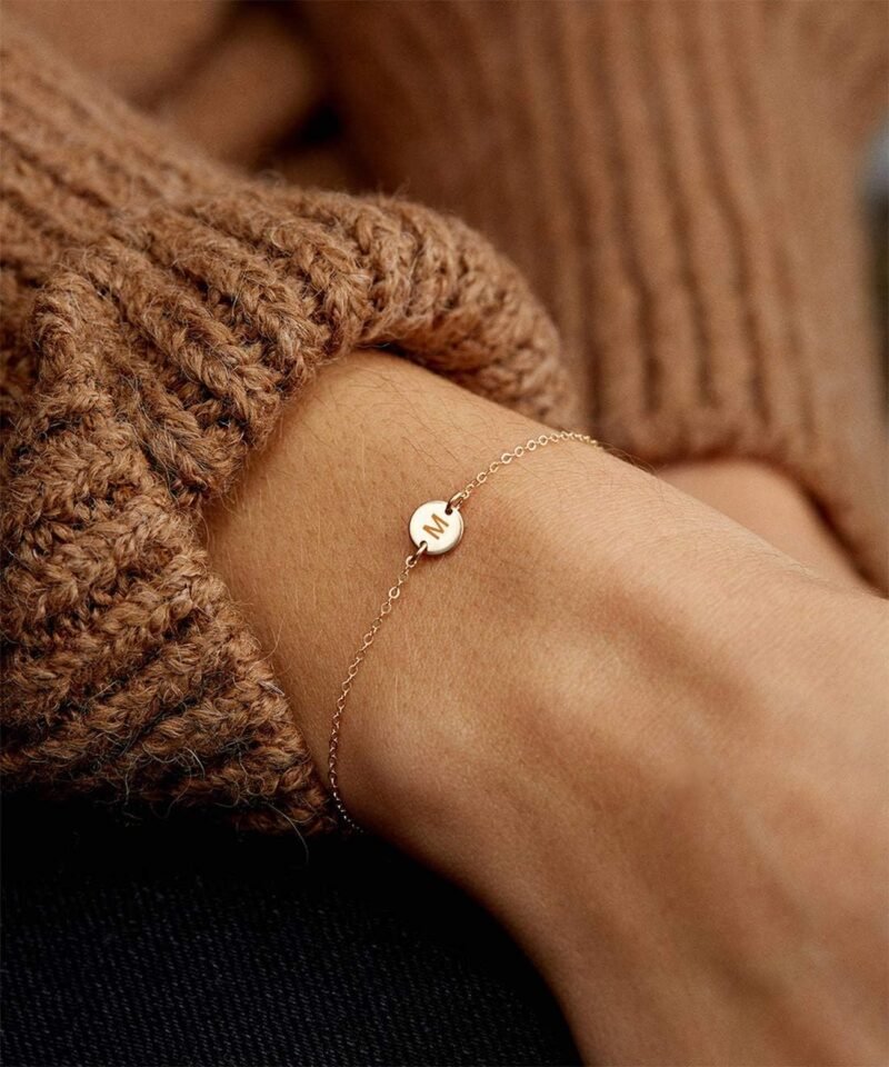 Personalized Initial Bracelet 18K Gold Plated Stainless Steel Letter Bracelet Dainty Coin Charm Bracelet Delicate Disc Name Bracelet for Women - Image 6