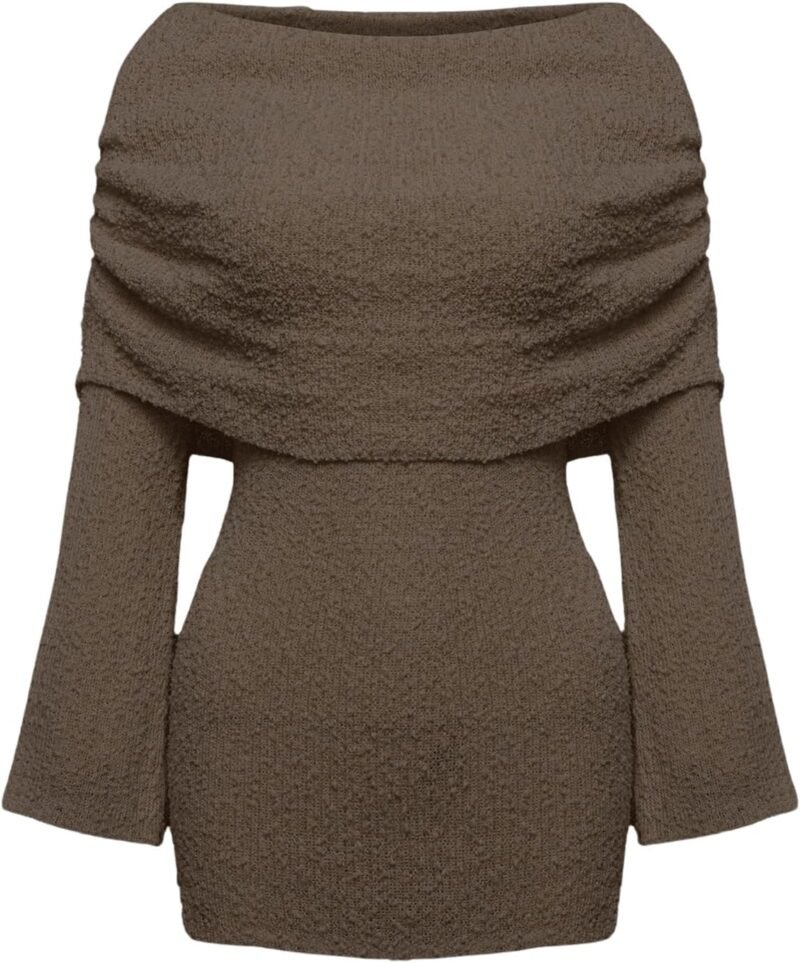 Floerns Women's Fold Off Shoulder Long Sleeve Rib Knit Pencil Sweater Dress