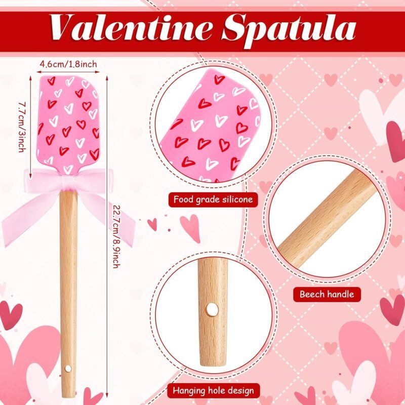 3 Pcs Valentine's Day Silicone Spatulas with Wooden Handles Valentine Pattern Heat Resistant Baking Silicone Spatulas with Pink Satin Ribbon Bows for Baking, Cooking and Sauteing - Image 2