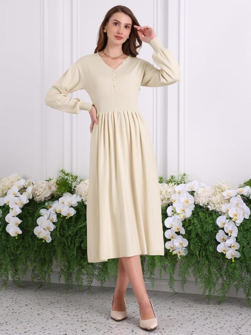 Women's A-Line Sweater Dress 2025 V Neck Long Sleeve Ribbed Knit Dresses - Image 3