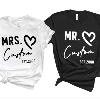 Customized Matching Mr and Mrs T-Shirts, Bride Tshirt, Honeymoon Shirts, Wedding Anniversary Tee, His Hers Pajamas, Gift For Him, Gift For Her, Birthday Gift For Girlfriend Boyfriend, Christmas Shirt for Couple