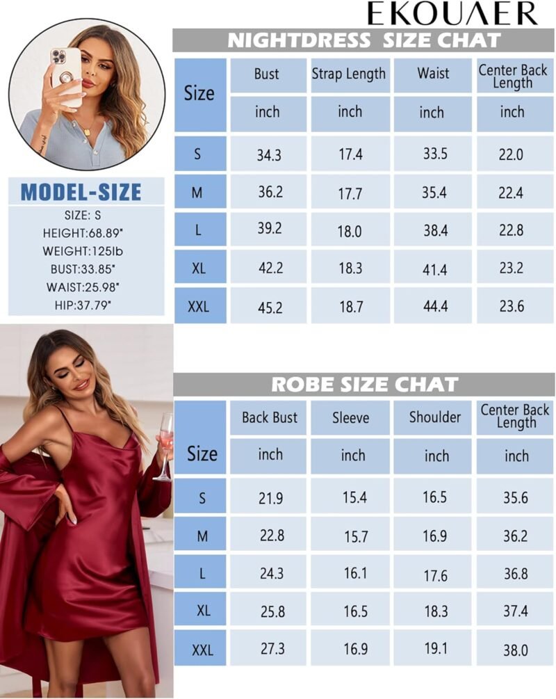Ekouaer Women's Satin Robe Set Nightgown with Robes Silk Pajama Set 2 Pieces Lingerie Cowl Neck Cami Sleepwear Sets - Image 6