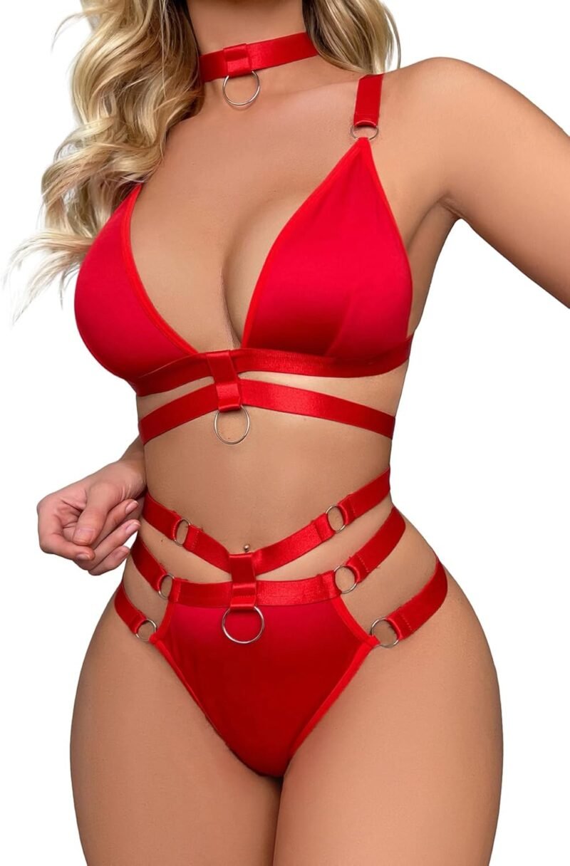 Lilosy Sexy Ring Linked Harness Strappy Lingerie Set Outfits