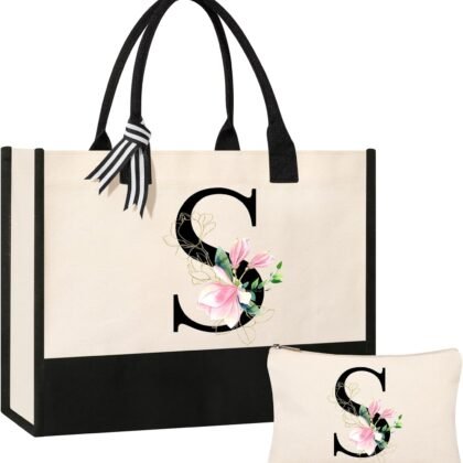 AYGE Personalized Initial Canvas Beach Bag Cosmetic Bags, Monogrammed Gifts for Women, Tote Bag, Makeup Bag, Birthday Gifts for Sister Mom Teacher Bridesmaid (S)