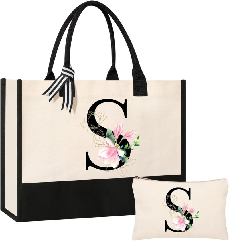 AYGE Personalized Initial Canvas Beach Bag Cosmetic Bags, Monogrammed Gifts for Women, Tote Bag, Makeup Bag, Birthday Gifts for Sister Mom Teacher Bridesmaid (S)