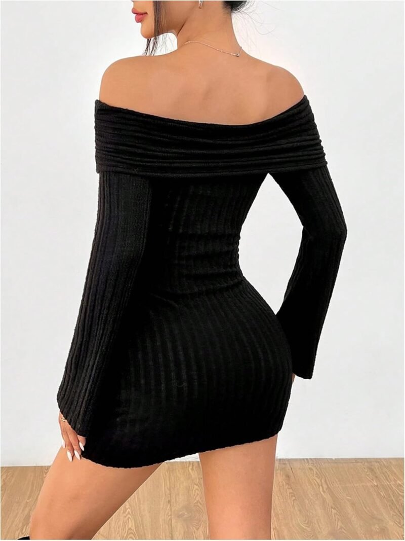 MakeMeChic Women's Off The Shoulder Bell Sleeve Sweater Dress Rib Knit Ruched Bodycon Mini Dresses - Image 2