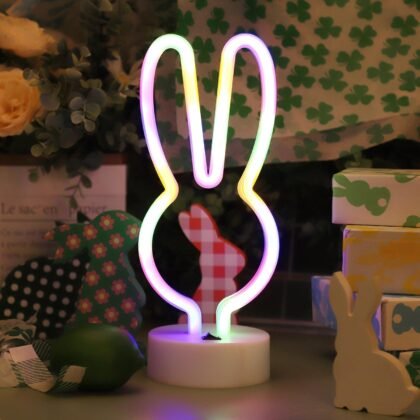Bunny Shape LED Neon Signs, Colorful Rainbow Rabbit Neon Lights USB/Battery Powered Night Lights with Base, Cute Rabbit Head Neon Lamp for Easter Table Art Decoration