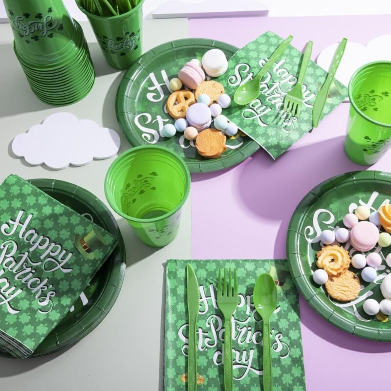JOYIN 126PCS St Patrick's Day Tableware Set Serves 18 People with Shamrock Cups, 9 inche Plates, Paper Napkins, Knifes, Forks, Spoons for Party Supplies, Party Decoration Dinner Kit - Image 7