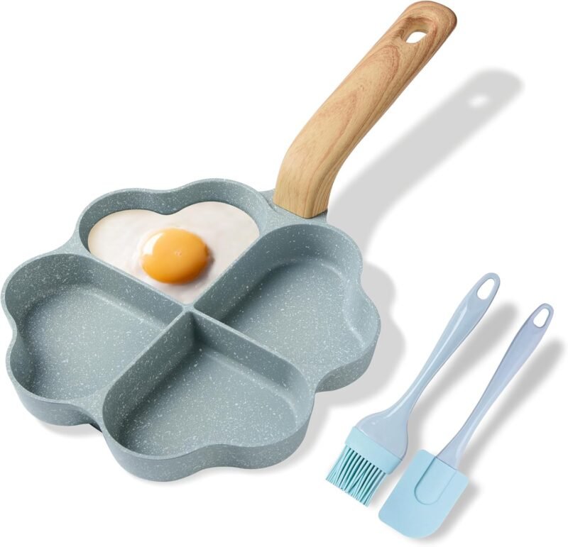 Caannasweis Egg Pan Omelette Pan, 4-Cup Nonstick Granite Omelette Skillet Breakfast Frying Pan Egg Cooker Suitable for Gas Stove & Induction Cookware, PFOA PFOS Free, Green Heart Shaped