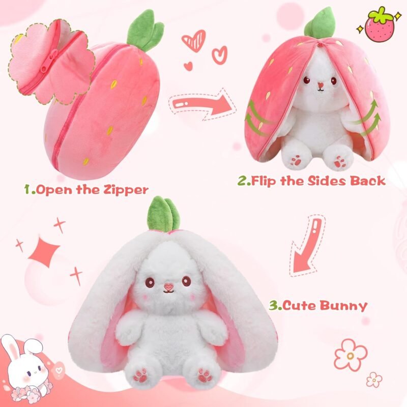 MIAODAM Bunny Stuffed Animal Reversible Cuddle Bunny Stuffed,Strawberry Bunny Transformed Rabbit Plush Zipper,Carrot That Turns Into Ears Bunnies Plushies Toy Cute Stuffy Doll Easter Girlfriend Gift - Image 2