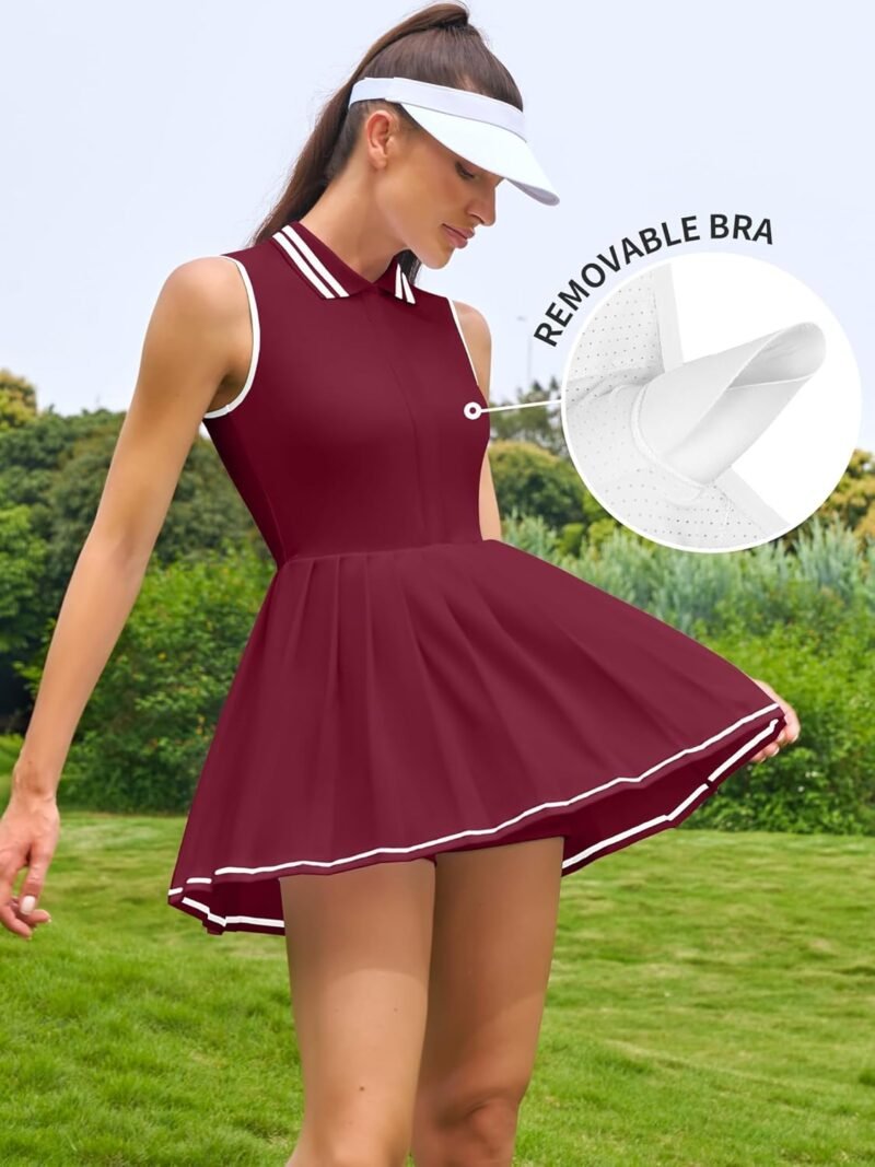 ATTRACO Women Tennis Dresses Ribbed Polo Golf Dress Half Zip Pleated Workout Dress with Built in Shorts and Bra - Image 4