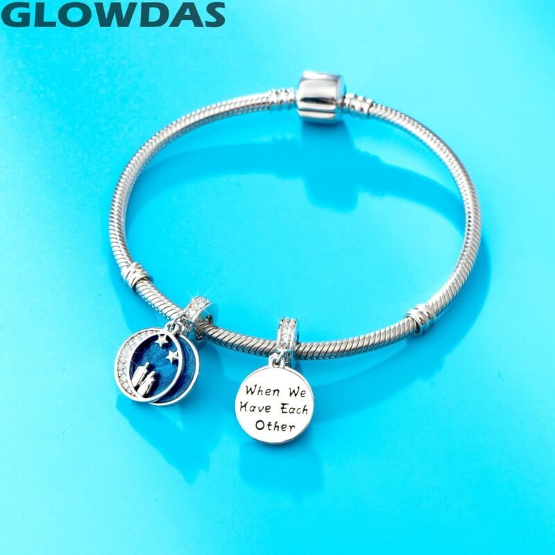 Couple Lover Under Night Sky Crescent Moon Stars Charms, fits Pandora Valentines Day Bracelet, Sterling Silver Blue Enamel Pendant Beads, Gifts for Wife/Couple - Image 2