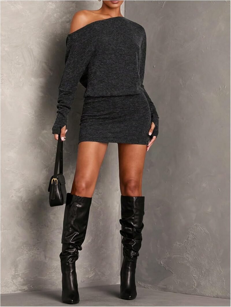 GORGLITTER Women's Off The Shoulder Sweater Dress Long Sleeve Asymmetrical Bodycon Mini Dresses - Image 6